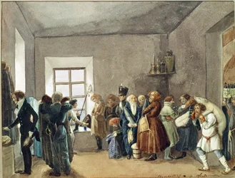 Přijímací místnost policejního komisaře v noci před dovolenou. Dílo Pavla Andrejeviče Fedotova (1815-1852), akvarel, tuš a tužka na papíře