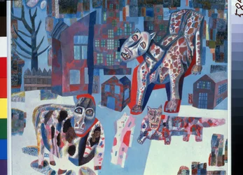 Zvířata (Animals). Obří monstra napadající ulice města. Dílo Pavla Nikolajeviče Filonova (1883-1941), olej na papíře