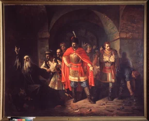 Moskevský patriarcha Hermogene (před 1530-1612) odmítá požehnat Polákům (Patriarcha Hermogenes (Germogen) odmítá požehnat Polákům) - obraz Pavla Petroviče Chistyakova (Tchistiakov) (1832-1919), olej na plátně