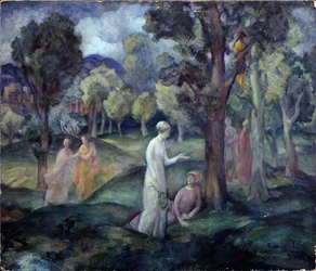 Procházka po polích. (Procházka po polích). Scéna pro volný čas, mladé ženy mezi stromy v kopcích. Dílo Pavla Semjonoviče Naumova (1884-1942), olej na kartonu