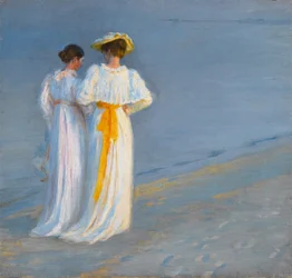 Anna Ancher a Marie Krøyer na pláži ve Skagenu