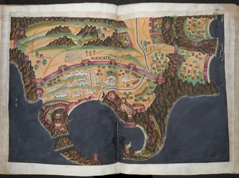 Plán nebo pohled na Mascate [Muscat], cca 1635 (pigment na papíře)