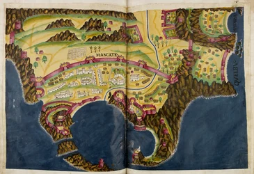 Níže portugalská ilustrace Maskatu z rukopisu Livro do Estado da India Oriental Pedra Barreta de Resende, Sloane MS 197.