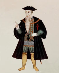 Portrét ve stopách Alphonse (Alfonso nebo Afonso) z Albuquerque (1453-1515), anglického mořeplavce a dobyvatele, někdy přezdívaného „portugalský Mars“. V „“Státní knize východní Indie””, od Pedra Barretta de Resende, Portugalsko
