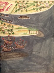 Sloane 197 f.182 Průzkumná mapa Suratu v indickém okrese Gujarat, ilustrace z „Historických účtů portugalských osad“