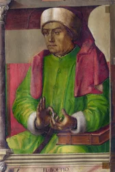 Boece (480-524) - Boethius par Berruguete, Pedro (1450-1503). Olej na dřevě, rozměr: 97x63, ca. 1473-1475, Národní galerie Marche, Urbino