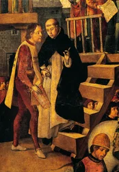 Odsouzený muž jde k soudu inkvizice, detail z Autodafe, kterému předsedá San Domenico Guzman, Pedro Berruguete (cca 1450-cca 1504)