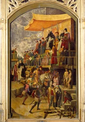 Inkvizice „“ Autodafe předsedá svatý Dominik de Guzman (1170-1221), zakladatel dominikánského řádu““ Malba na dřevě od Pedra Berruguete (1450-1504) 1495 Ne. 1,54x0,92 m Madrid, Musee du Prado