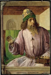 Portrét Aristotela, řeckého filozofa.