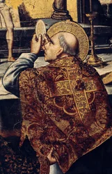 Eucharistie (Svatý pozvedá hostii, křesťanský symbol těla Kristova). Detail oltářního obrazu Mše Řehoře I., zvaného Velký nebo Dialogový (540-604) Papež v roce 590. Obraz Pedro BERRUGUTETE (1450-1504). Renesanční malířství, Katal