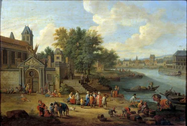 Vstup do arzenálu, ostrov Louviers a cíp ostrova Saint Louis v Paříži kolem roku 1670 Obraz Peetera Bouta (1658-1719) Slunce 17. století. 0,41x0,56 m Paříž, Musee Carnavalet