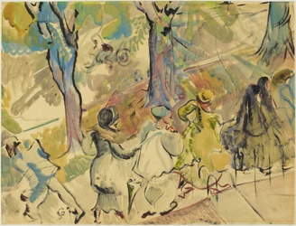 Jarvis Street Sidewalk, cca 1936 (akvarel, kvaš a olej na papíře)