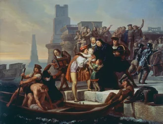 Christopher Columbus opouští přístav Palos de la Frontera a doporučuje své syny otci Giovanni Perezovi (1492)