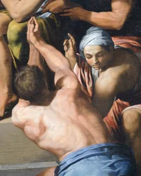 Muž s nahou horní částí trupu, detail z Klanění dítěte