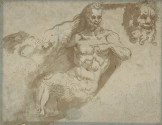 Sedící satyr, se zvětšenou hlavou stejného obdélníku, hlava ženy vzadu, 1527-96.