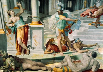 Odysseus a čarodějka Kirké, od Pellegrina Tibaldiho, kolem 1550, freska