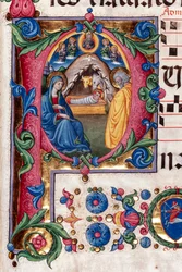 Knihovna Piccolomini: sborová kniha, treska. 102,8, násl. 48r s „Narozením“, od Pellegrina di Mariana. Detail.