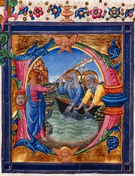 Knihovna Piccolomini: sborová kniha, treska. 11.M, násl. 4r s „Povolání svatého Petra a svatého Ondřeje“, od Pellegrina di Mariana. Detail.