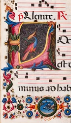 Knihovna Piccolomini: sborová kniha, treska. 5.E, násl. 63r s „foliovanou iniciálou“, Pellegrino di Mariano. Detail.