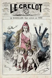 Jedno číslo „Zvonu“ zobrazující alegorii státní hymny „Marseillaisa“, která postupuje vpřed, zatímco si prchající šlechtici zacpávají uši. Ilustrace od Pepina. 10/02/1878. Soukromá sbírka