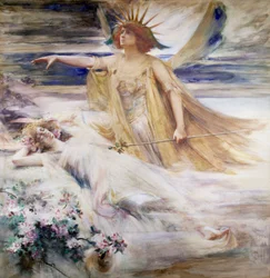 "Duch nového století" Alegorie 20. století, které vzniká na pozadí spícího 19. století. Obraz Percyho Andersona (1851-1928) (pre-rafaelita) 1900 Soukromá sbírka