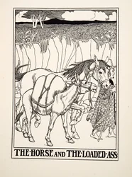 Kůň a nabitý osel, ze sta Ezopových bajek, pub. 1903 (rytina)