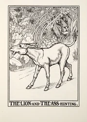 Lov lva a osla, od Fontaine Fables, hospoda. 1905