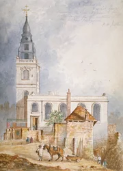 Pohled na kostel svatého Michaela, Crooked Lane, City of London, 1831