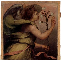 Anděl zvěstování, detail (olej na dřevě, kolem 1535)
