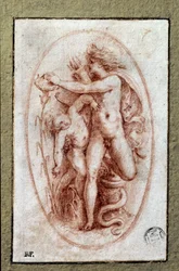Apollo a Hyacint. Kresba a la sanguine od Pietra Buonaccorsiho (1500-1546 / 47), také známého jako Pierino del Vaga