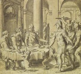 Banket Dido a Aeneas, model pro gobelín ze série Story of Aeneas, cca 1532 (pero a inkoust a pero na papíře)