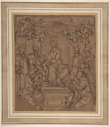 Panna a dítě na trůnu se svatým Antonínem opatem, svatým Petrem, svatým Pavlem..., 1522-23.
