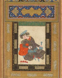 A Reclining Youth, Írán, Safavid období, cca 1600-10 (neprůhledný akvarel, inkoust a zlato na papíře)