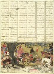 Ardashir Battling Bahman, the Son of Ardavan, ilustrace z Shahnama (Kniha králů), Abul-Qasim Manur Firdawsi (c.934-c.1020) 1325-50 (wc, inkoust a zlato na papíře)