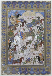 Bitva mezi Khusrau a Bahram Chubaina, z básně Layla a Majnun původně od Nizami, 1540 (inkoust na pergamenu)