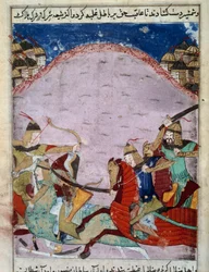 Bitva mezi Mongoly a Gruzínci. Gruzínci utíkají. Perská miniatura kolem roku 1430. Paris, B.N.