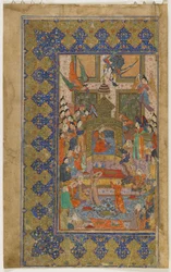 Bilqis na trůn z Khamsa (kvintet), kolem 1560 (neprůhledný akvarel, inkoust a zlato na papíře)