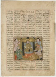Smrt Sudaby rukou Rustama z knihy Shahnama (Kniha králů) od Firdawsiho († 1020) (neprůhledný akvarel, inkoust, zlato a stříbro na papíře)