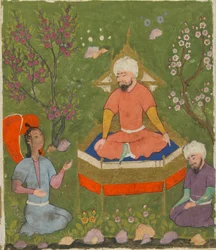 Folio z Ajaib al-Makhluqat (Zázraky stvoření) od al-Qazwiniho; recto: Haloed Figure Enthroned, Qazwin, Iran, cca 1590-1600 (neprůhledný akvarel, inkoust a zlato na papíře)