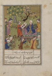 Folio z Khamsa (kvintet) od Nizamiho; Shirin zkoumá Khusraws Portrait, Írán, cca 1500 (neprůhledný akvarel, inkoust, barevná slída a zlato na papíře)
