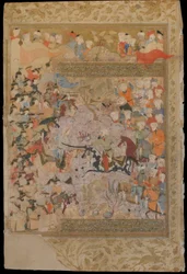Folio z knihy Rawzat al-safa (Zahrada štěstí) od Mirkhwanda (zemř. 1498); recto: Bitva proti Byzantincům o Aleppo, Šíráz, Írán, safavidské období, 1571-72 (neprůhledný akvarel, tuš a zlatá barva na papíře).