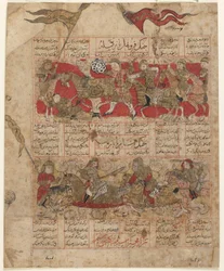 Folio from a Shahnama (Book of Kings) od Firdawsiho († 1020); Dva ze soubojů mezi dvanácti Rukhy: Furuhad a Zangula (nahoře); Ruhham and Barman (dole) Shiraz, Írán, období Il-Khanid, 1341 (opaqu)
