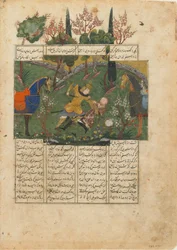 Folio from a Shahnama (Book of Kings) od Firdawsiho († 1020); verso: Suhrab v boji s Rustamem, Írán, cca 1440 (neprůhledný akvarel, inkoust a zlato na papíře)