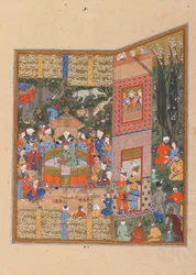 Folio from a Shahnama (Book of Kings) od Firdawsiho († 1020); verso: Vyslanci Salma a Tura před Faridunem, Shiraz, Írán, období Saravid, kolem roku 1560 (neprůhledný akvarel, inkoust a zlato na papíře)