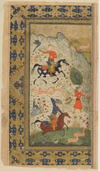 Folio from a Shahnama (Book of Kings) od Firdawsi; Královský lov, Írán, cca 1590-1600 (neprůhledný akvarel, inkoust a zlato na papíře)