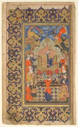Folio from a Shahnama (Kniha králů) od Firdawsi; recto: Bilqis Enthroned; strana: text předmluvy, Shiraz, Fars, Iran, Safavid period, c.1590-1600 (neprůhledný akvarel, inkoust a zlato na papíře)