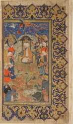 Folio from a Shahnama (Kniha králů) od Firdawsi; verso: Sulayman Enthroned, Shiraz, Fars, Iran, Safavid period, c.1590-1600 (neprůhledný akvarel, inkoust a zlato na papíře)