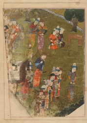 Folio ze Zafarnamy; recto: Timur uděluje audienci u příležitosti svého nástupu na trůn v Balchu; verso: text, Shiraz, Írán, Timuridské období, 1436 (neprůhledný akvarel, inkoust a zlato na pa