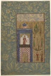 Folio z antologie; Dva mladíci před princeznou u okna, Írán, 1417-18 (neprůhledný akvarel a zlato na papíře)