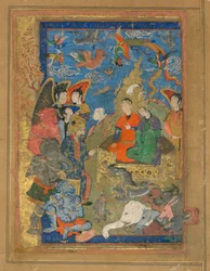 Folio z neidentifikovaného textu; Sulajmán a Bilqis na trůnu, Isfahán, Írán, safavidské období, asi 1590-1600 (neprůhledný akvarel, tuš a zlato na papíře)